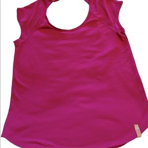 Pink athletic top with cap sleeves and tight mesh back, size Medium